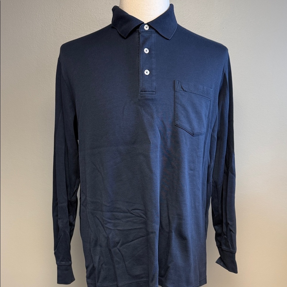 Lands’ End Traditional Fit Long Sleeve Polo Navy XL 100% Cotton